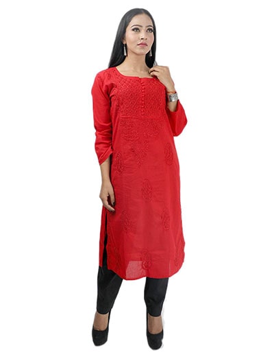 Hand Embroidered Red Cotton Chikan Kurti