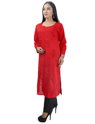 Hand Embroidered Red Cotton Chikan Kurti