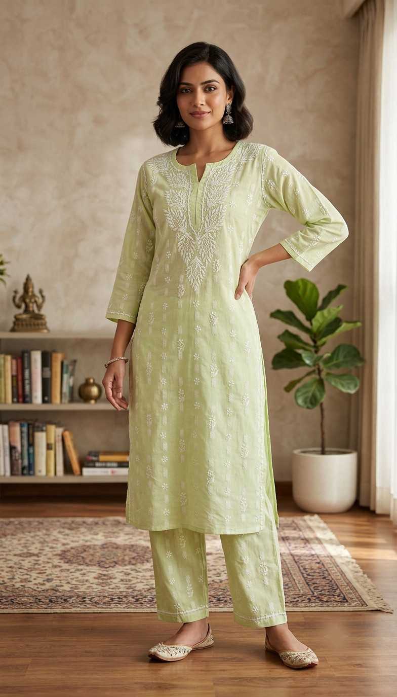 Light Green Cotton Chikankari Kurta & Pant Set
