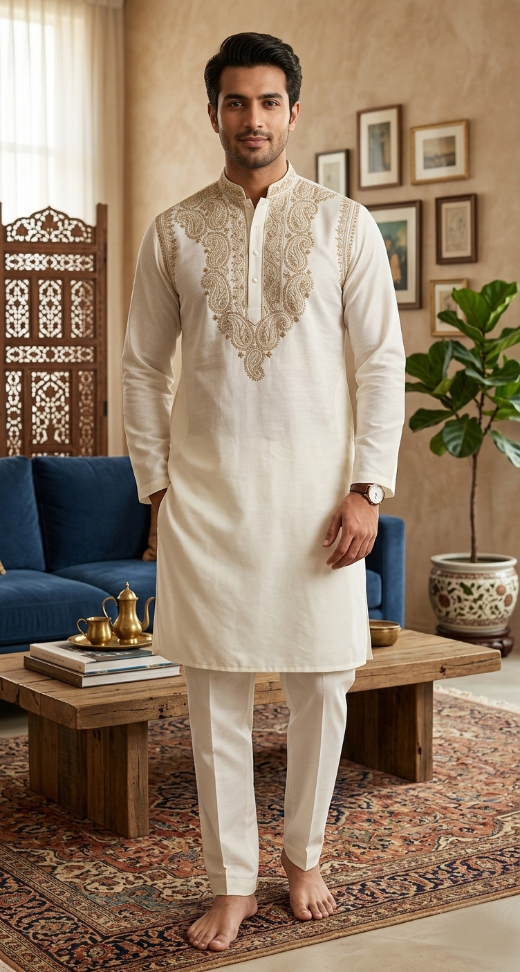 Beige Cotton Chikankari Kurta