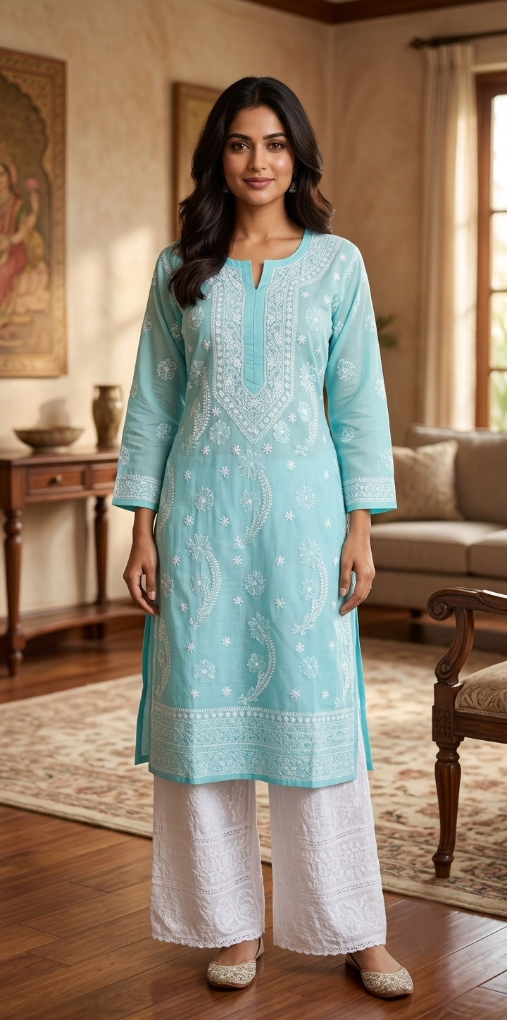 Blue Cotton Hand Embroidered Chikankari Kurti