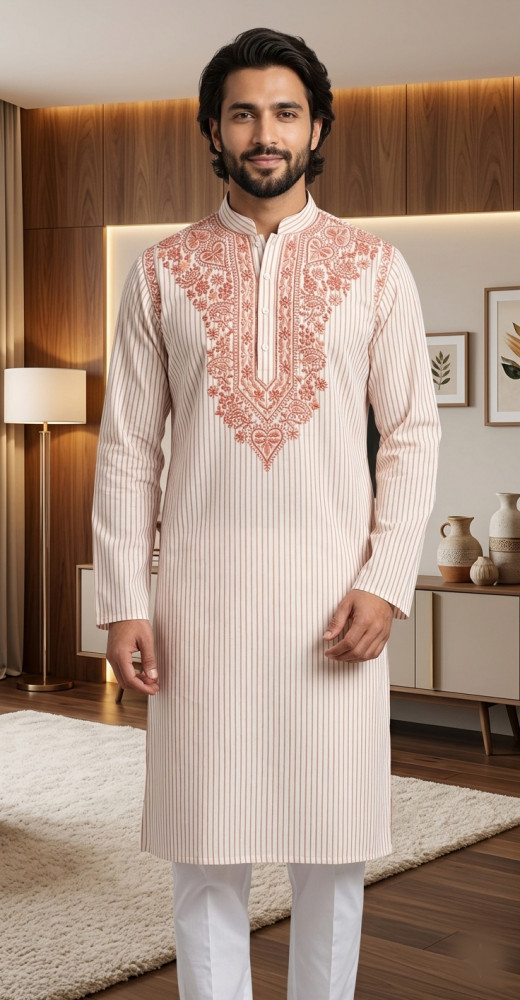Image of Peach Lining Cotton Chikankari Kurta