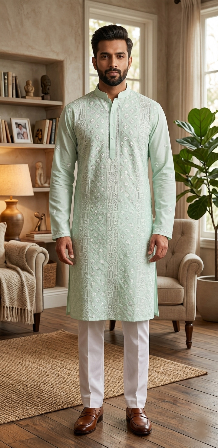 Pista Green Cotton Chikankari Kurta