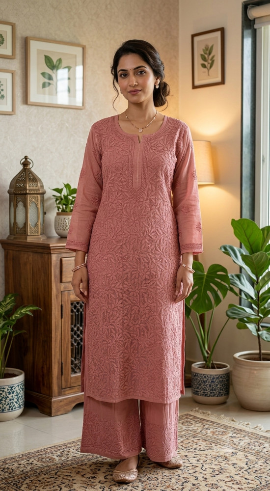 Image of Carrot Pink Pure Kota Chikankari Kurta, Slip &amp; Pant Set