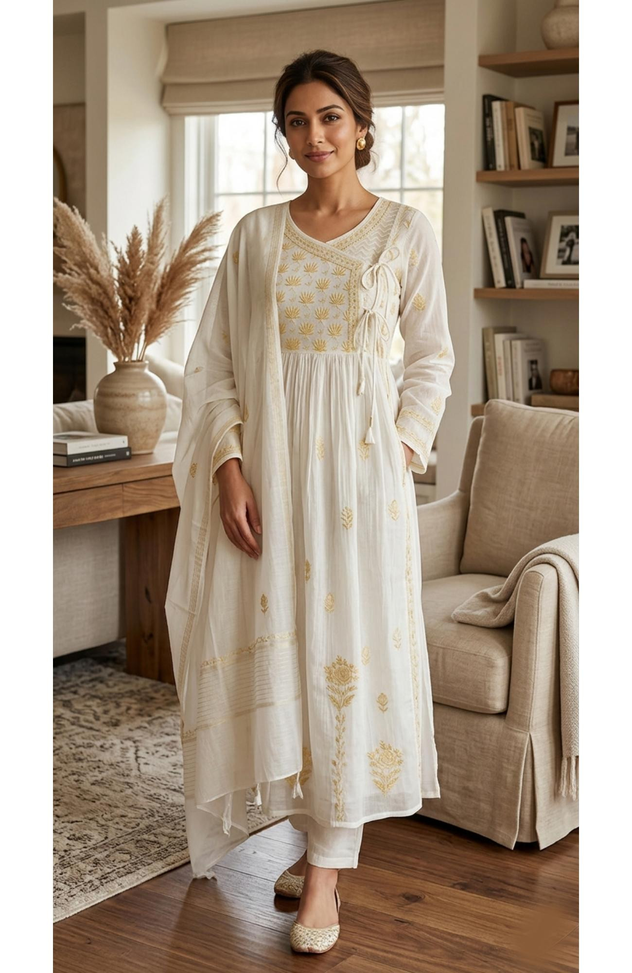 Cream Mul Chanderi Hand Embroidered Chikankari  Angrakha Stayl Kurta  Dupatta