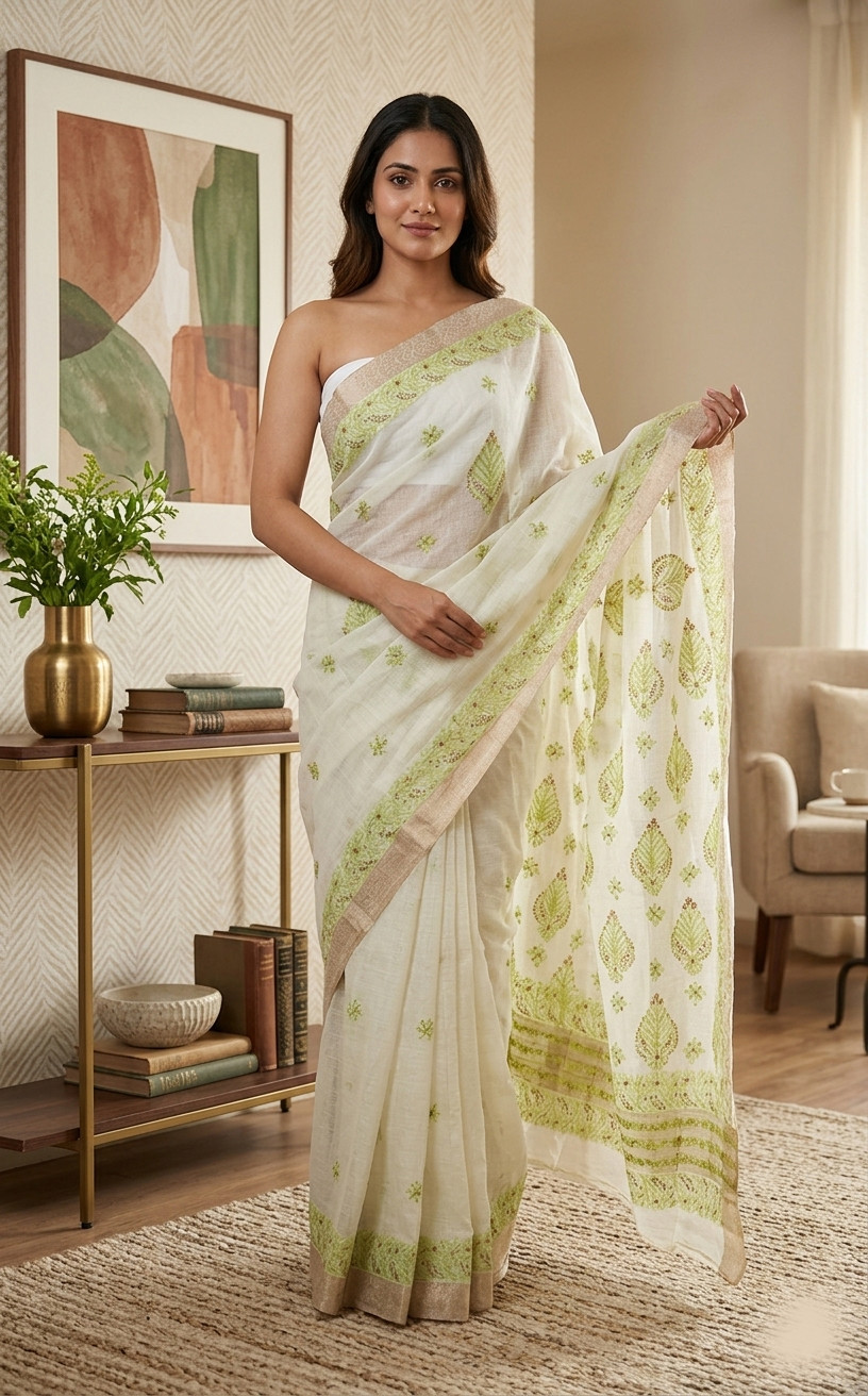 Offwhite Hand Embroidered Chanderi Chikankari Saree