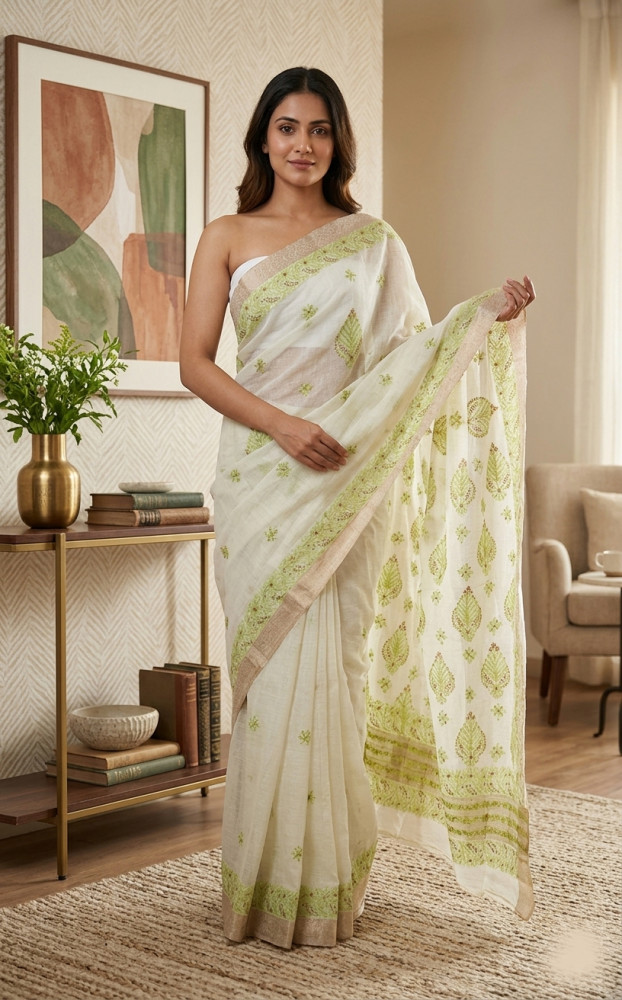 Image of Off-white Hand Embroidered Chanderi Chikankari Saree