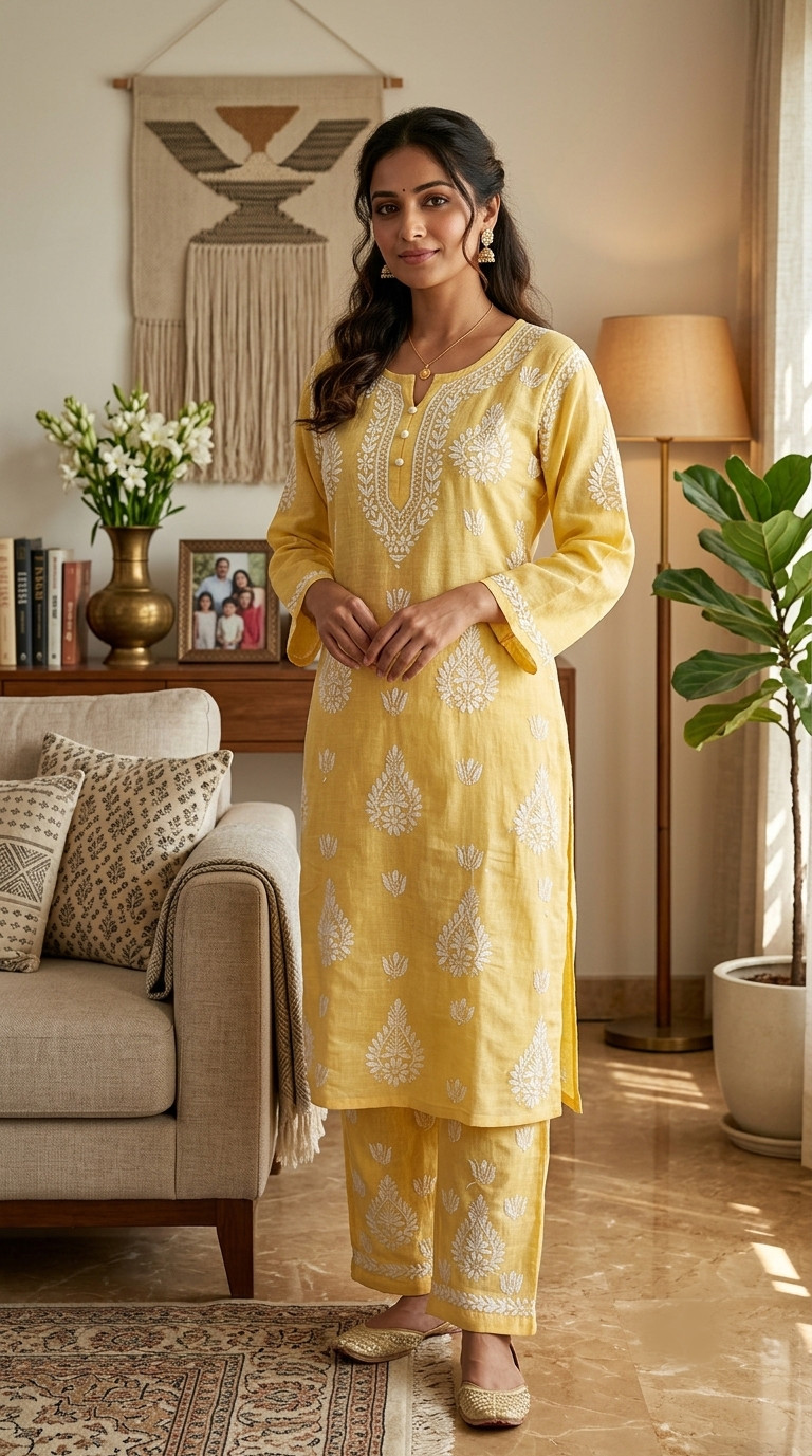 Yellow Cotton Chikankari Kurta & Pant Set