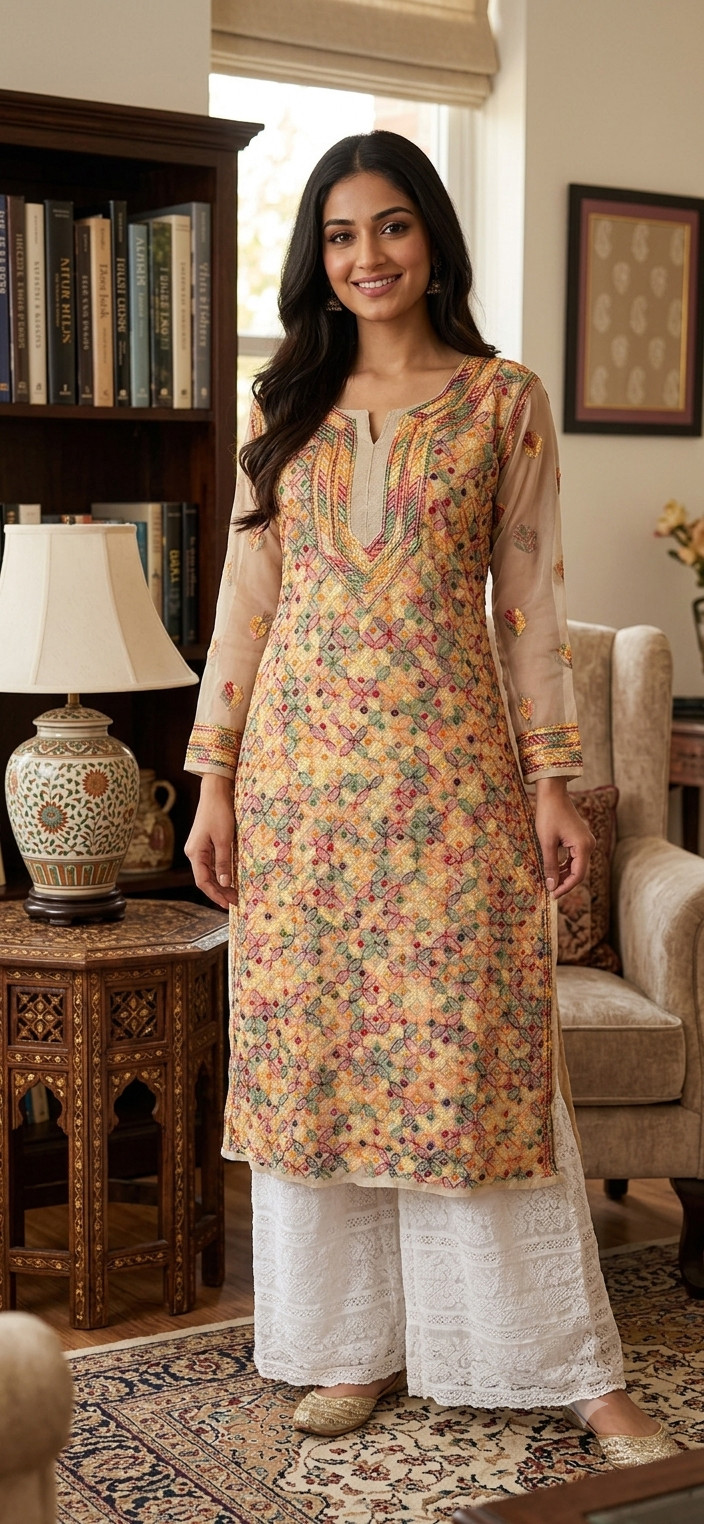 Skin Foux Georgette  Hand Embroidered Chikankari Kurti