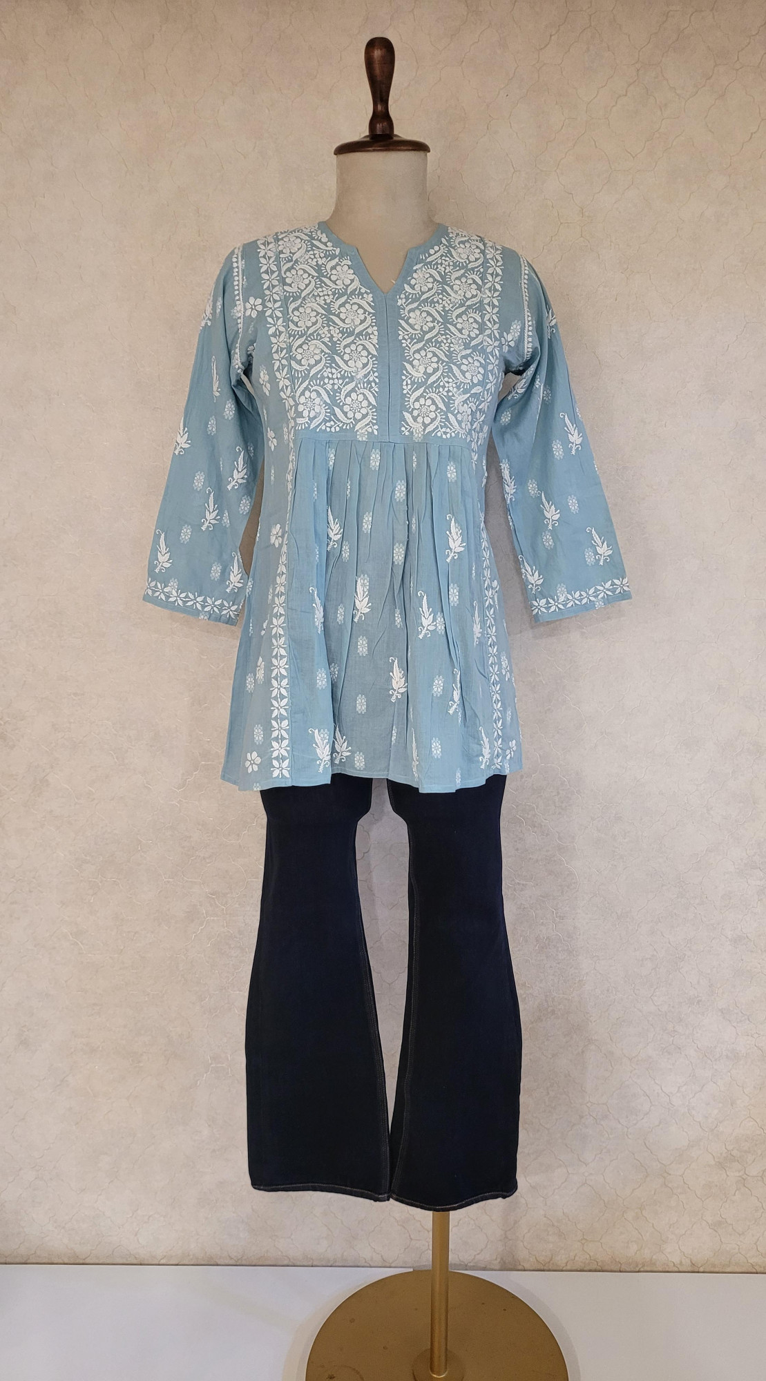 Chhangamal Hand Embroidered Teal Blue Colour Cotton Chikankari Top Piece