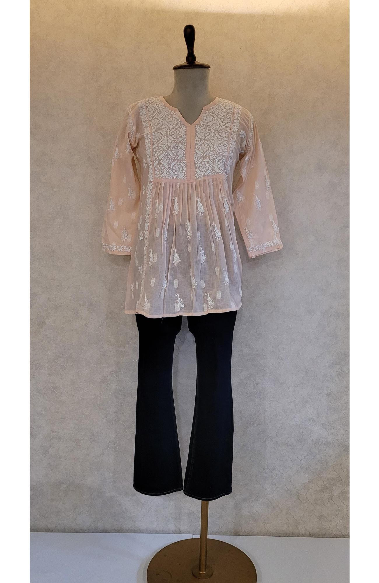 Light Peach Cotton Chikankari Short Top