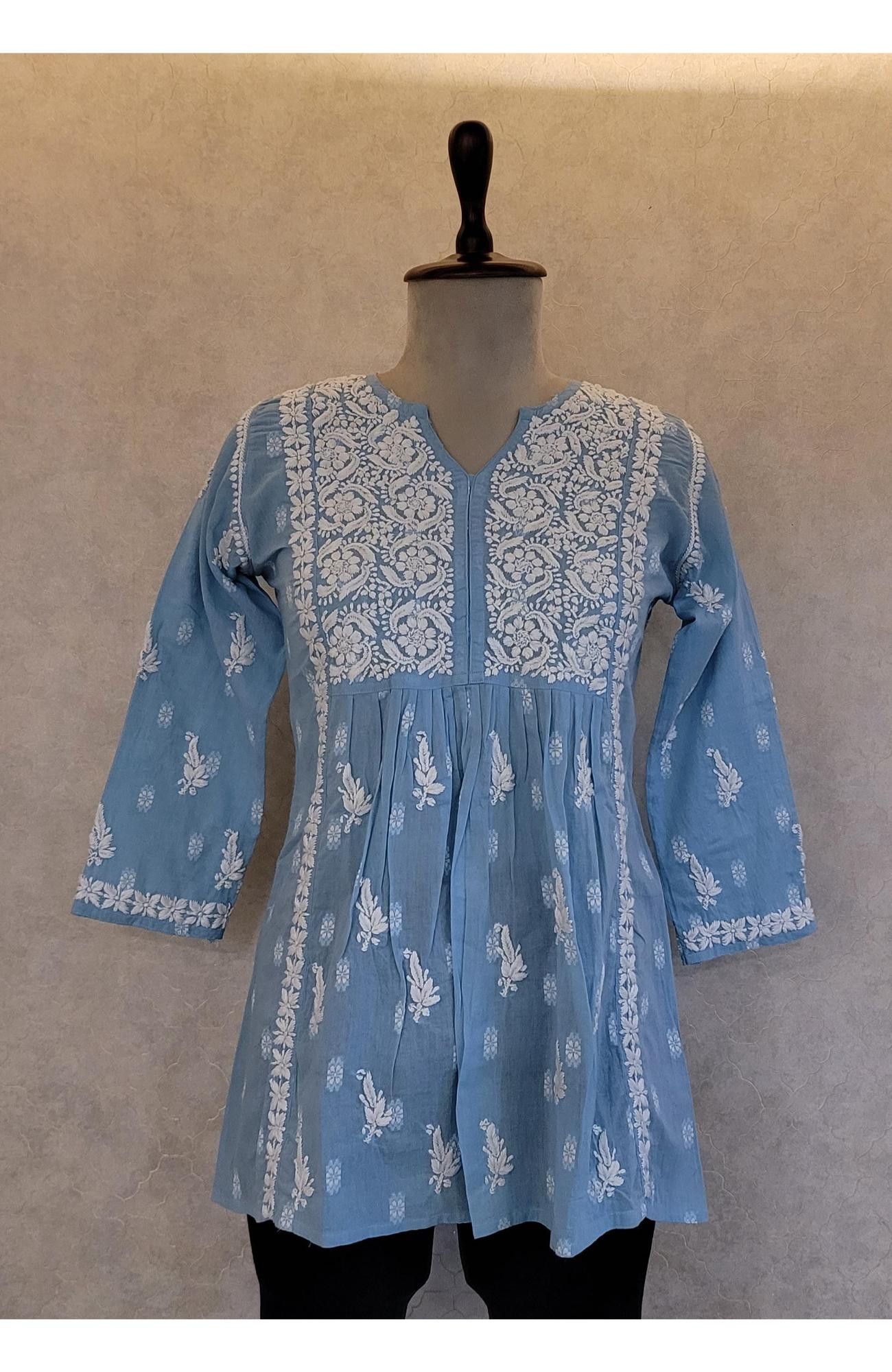 Blue Cotton Chikankari Short Top