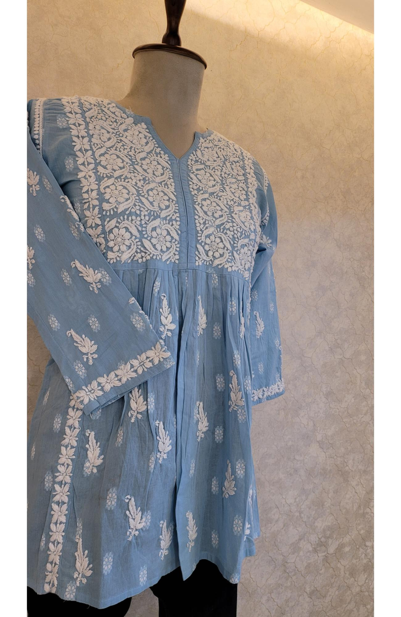 Blue Cotton Chikankari Short Top