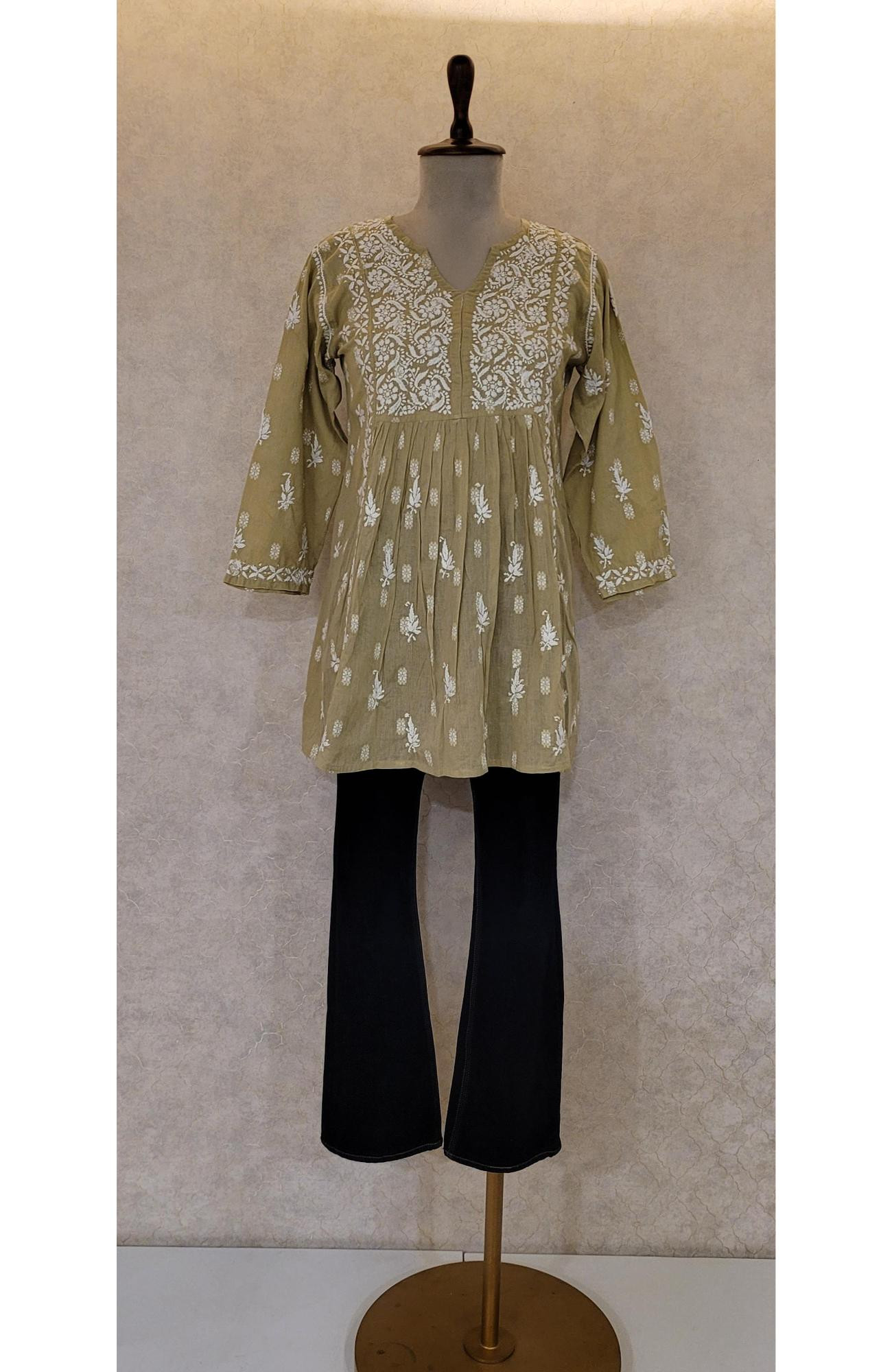 Green Cotton Chikankari Short Top