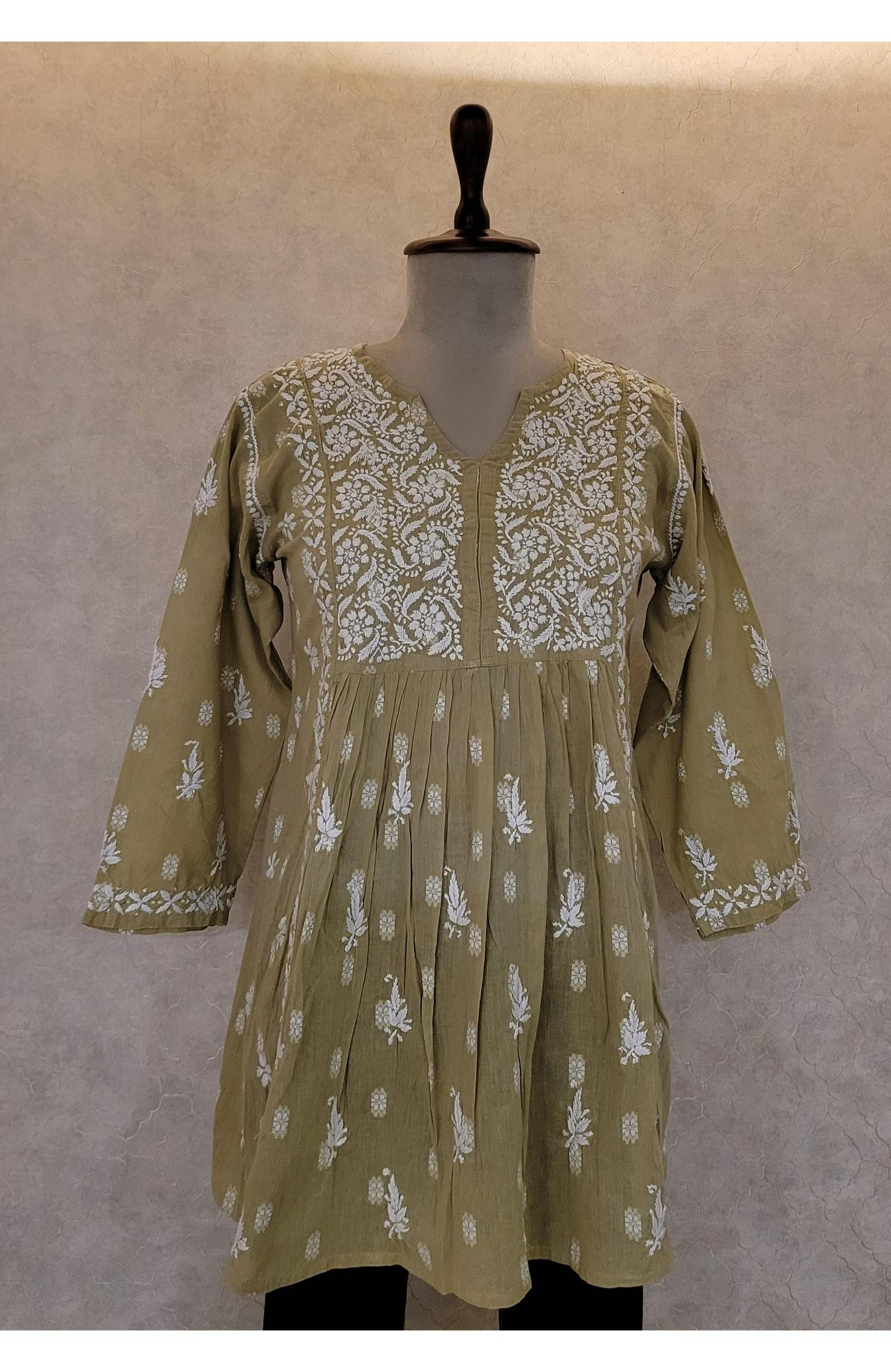 Green Cotton Chikankari Short Top