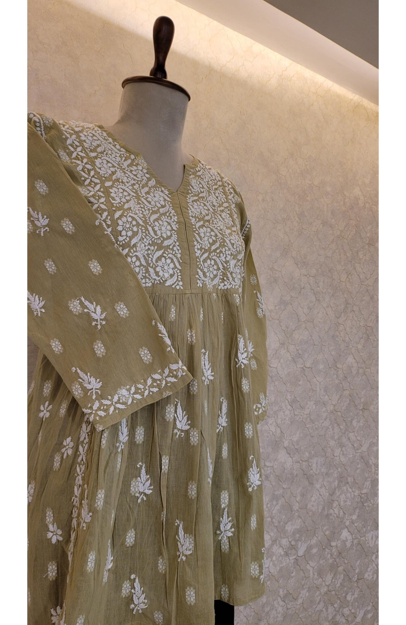 Green Cotton Chikankari Short Top