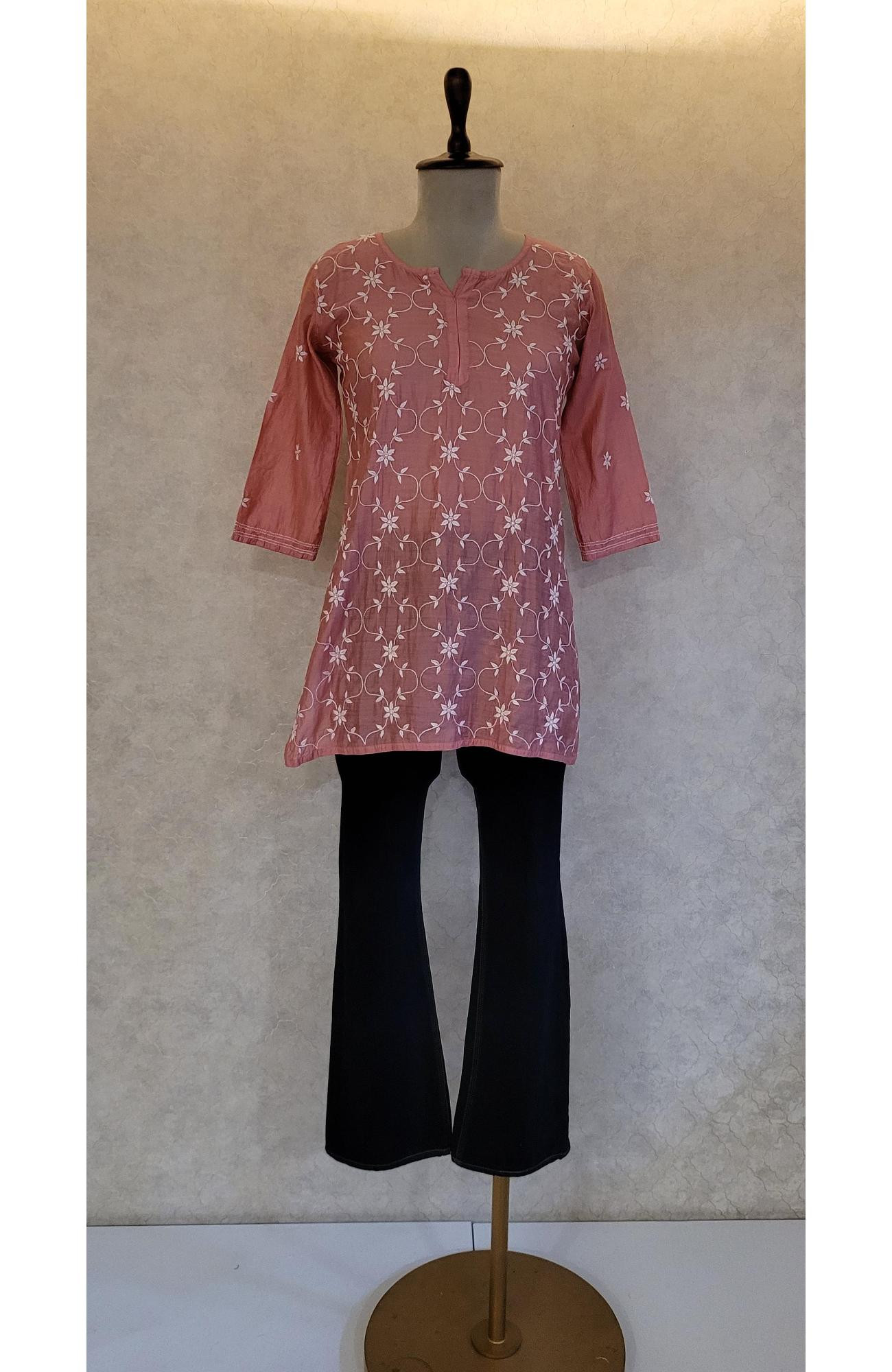 Dark Pink Chanderi Chikankari Short Top