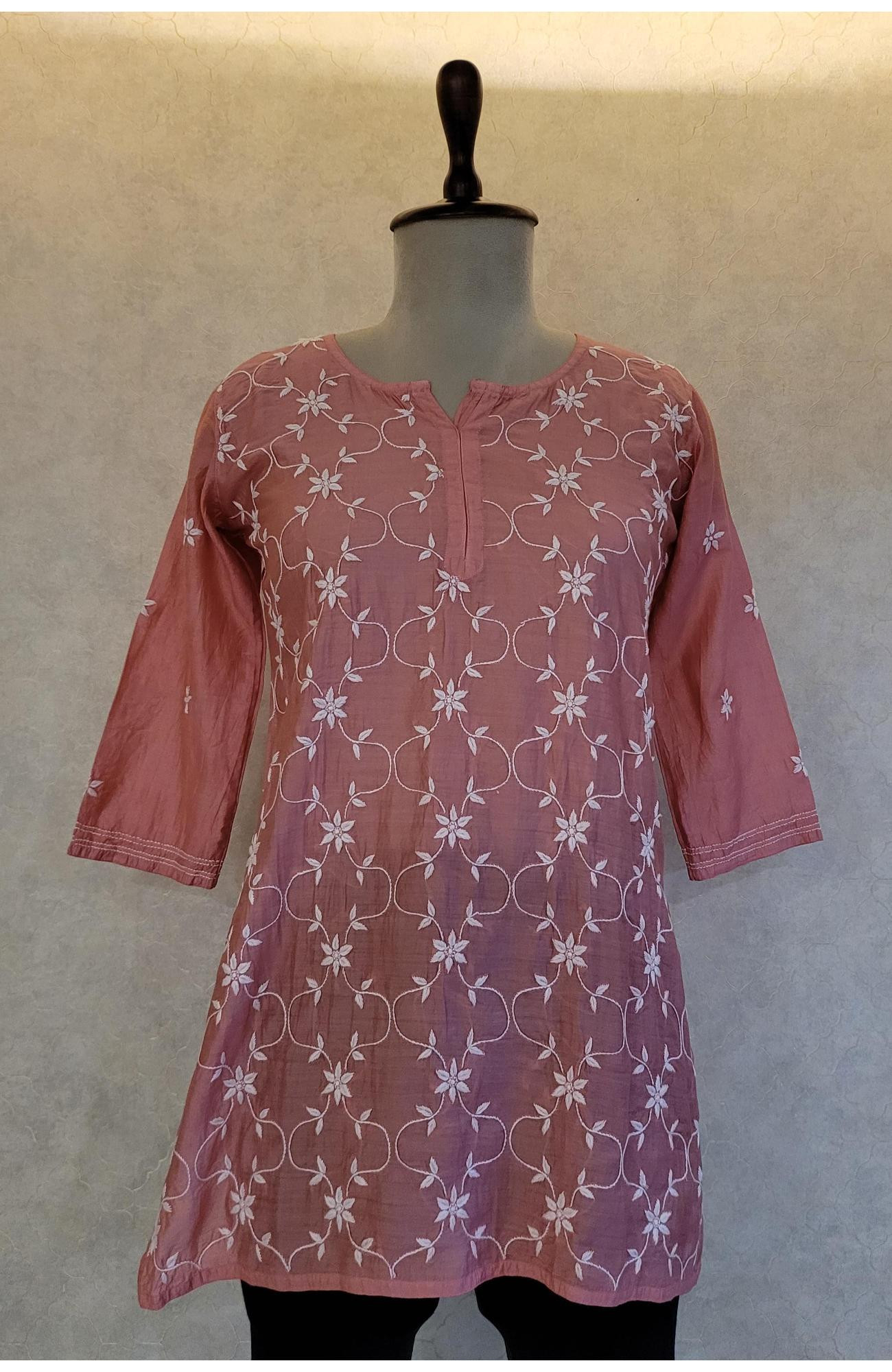 Dark Pink Chanderi Chikankari Short Top