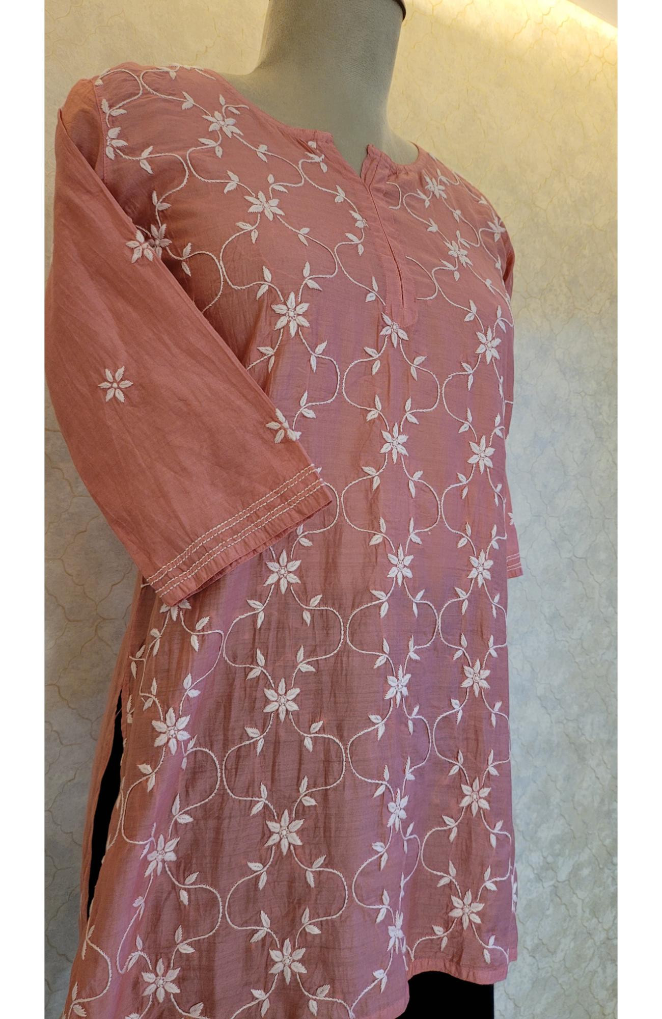 Dark Pink Chanderi Chikankari Short Top