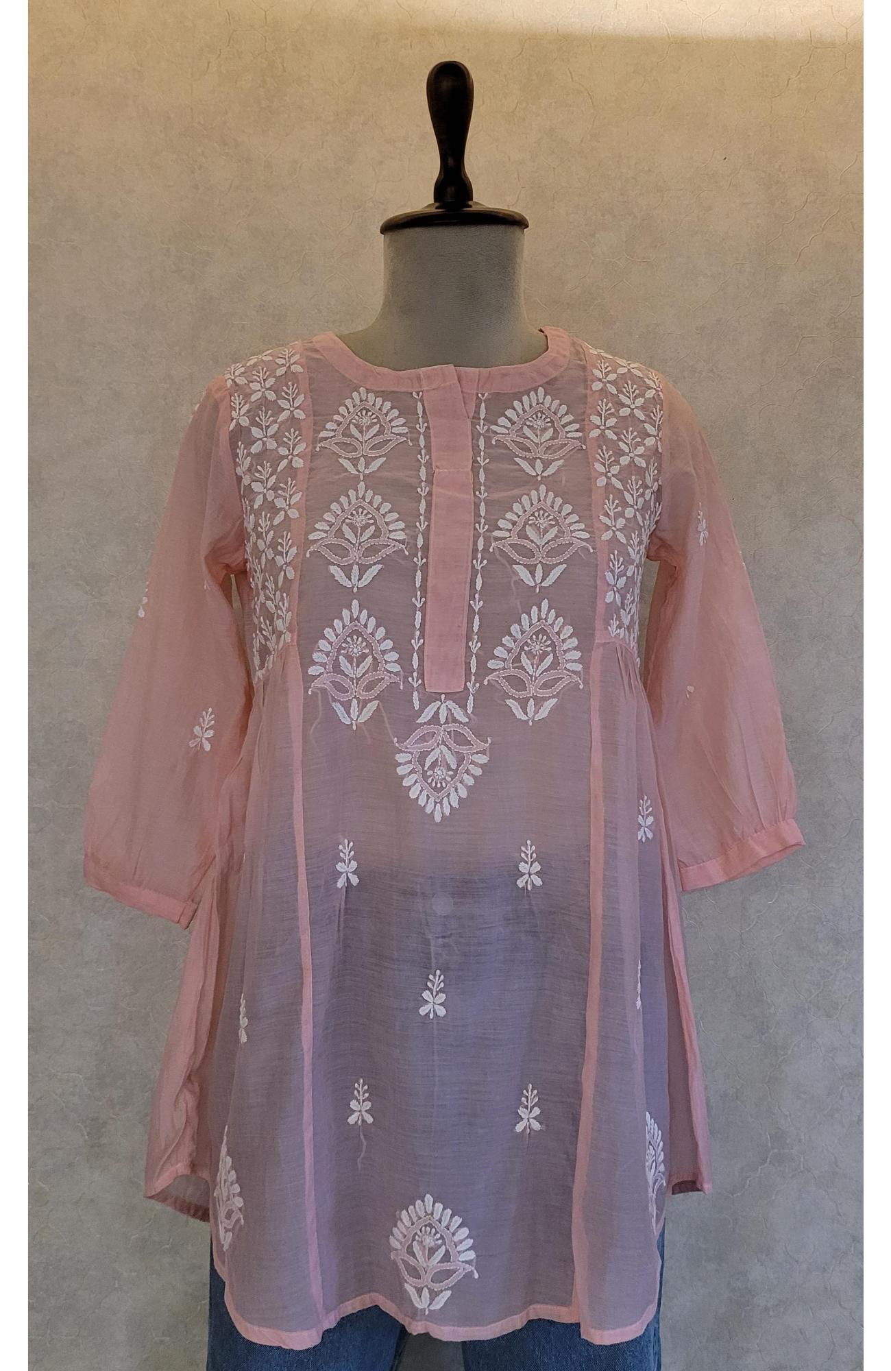 Peach Pink Muslin Chikankari Short Top