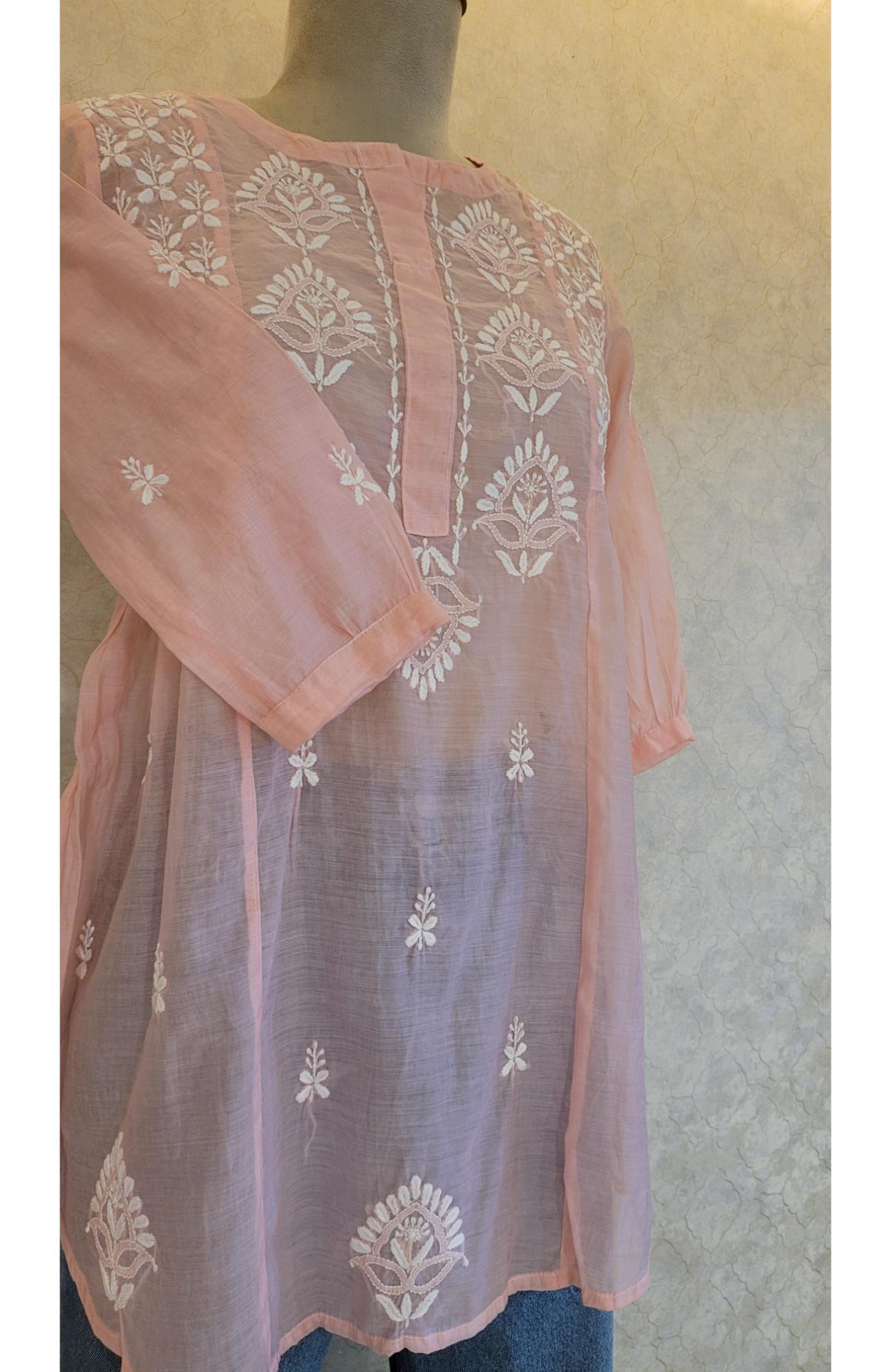 Peach Pink Muslin Chikankari Short Top
