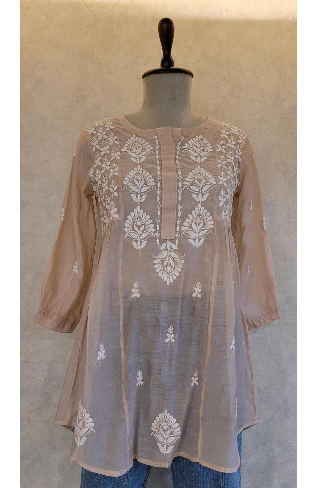 Beige Muslin Chikankari Short Top