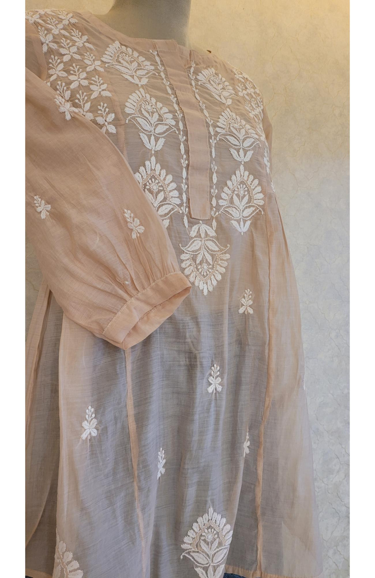 Beige Muslin Chikankari Short Top