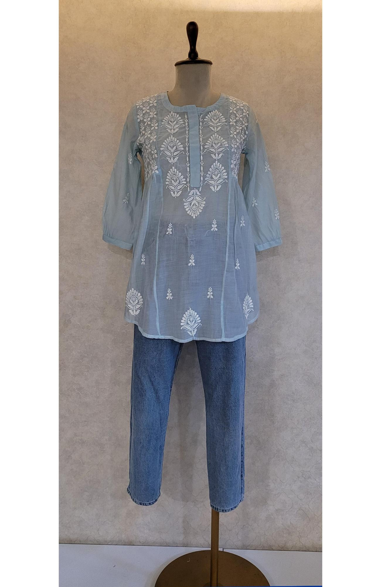 Teal Muslin Chikankari Short Top