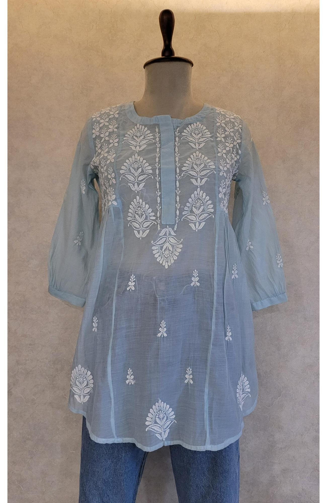 Teal Muslin Chikankari Short Top
