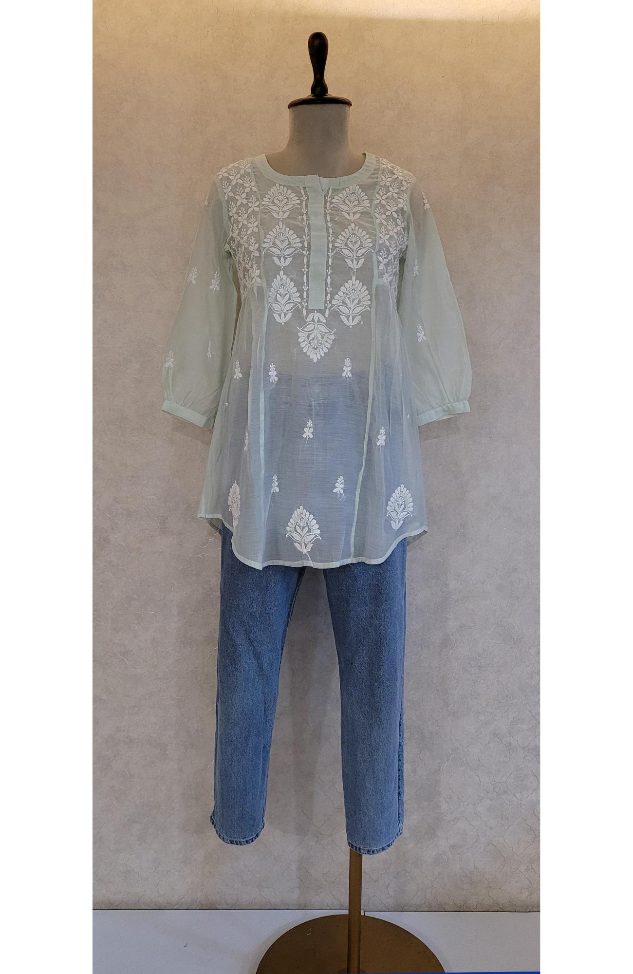 Green Muslin Chikankari Short Top