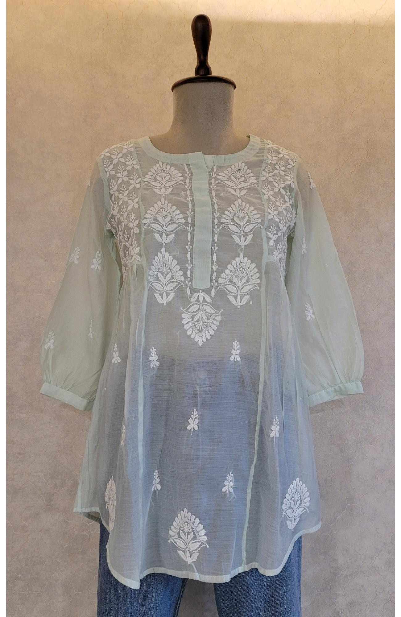 Green Muslin Chikankari Short Top