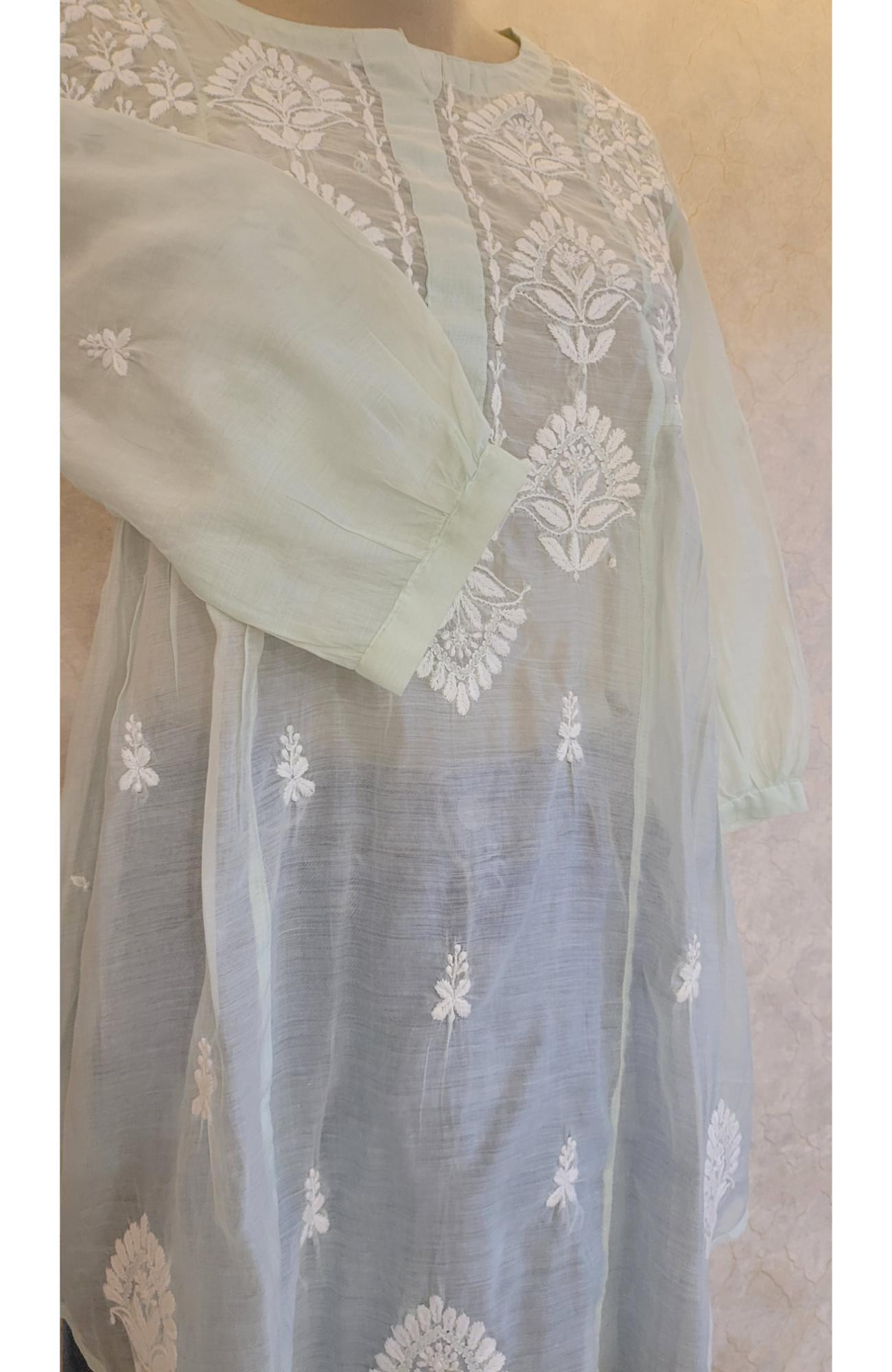 Green Muslin Chikankari Short Top
