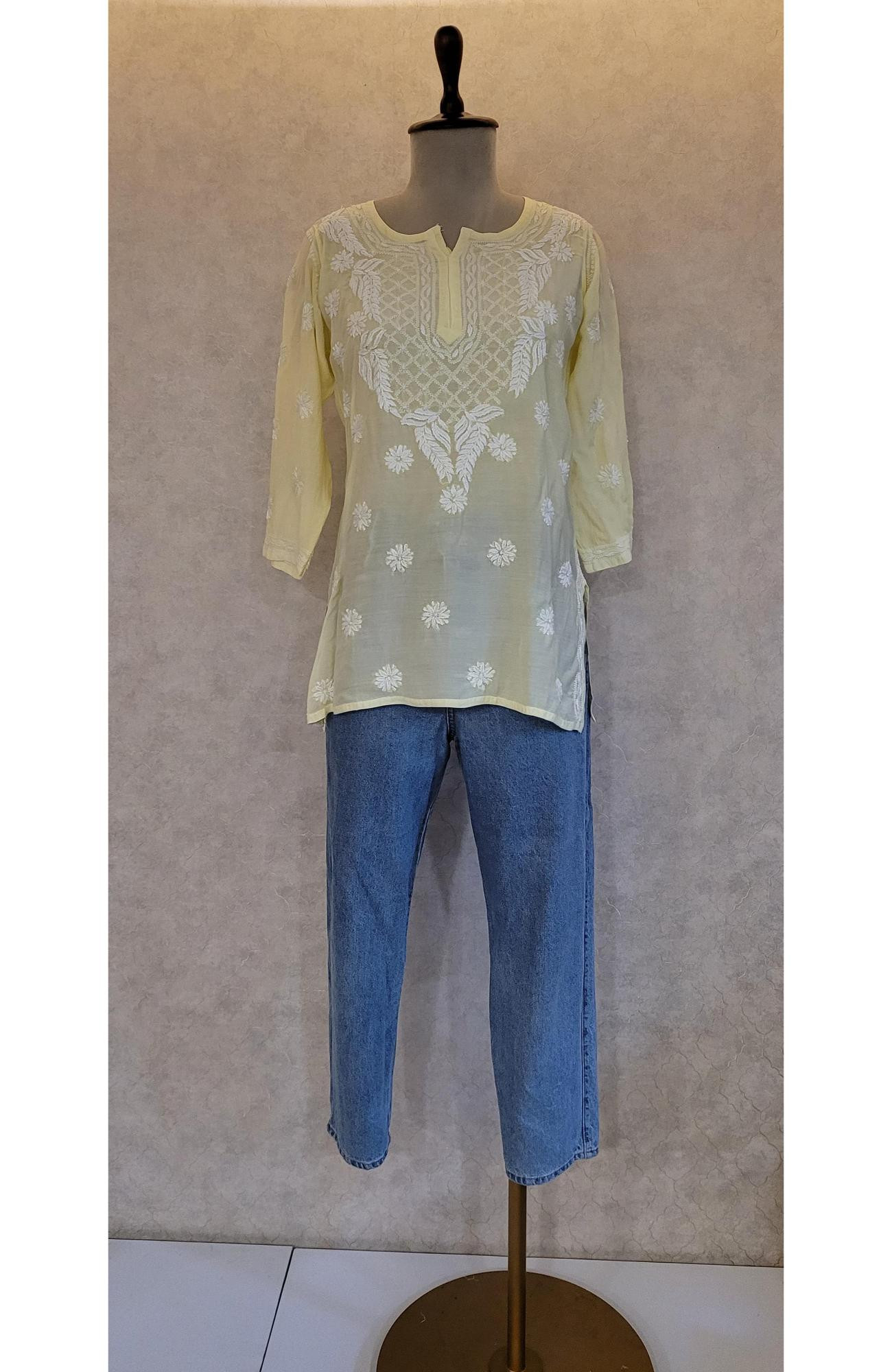 Lemon Yellow Muslin Chikankari Short Top