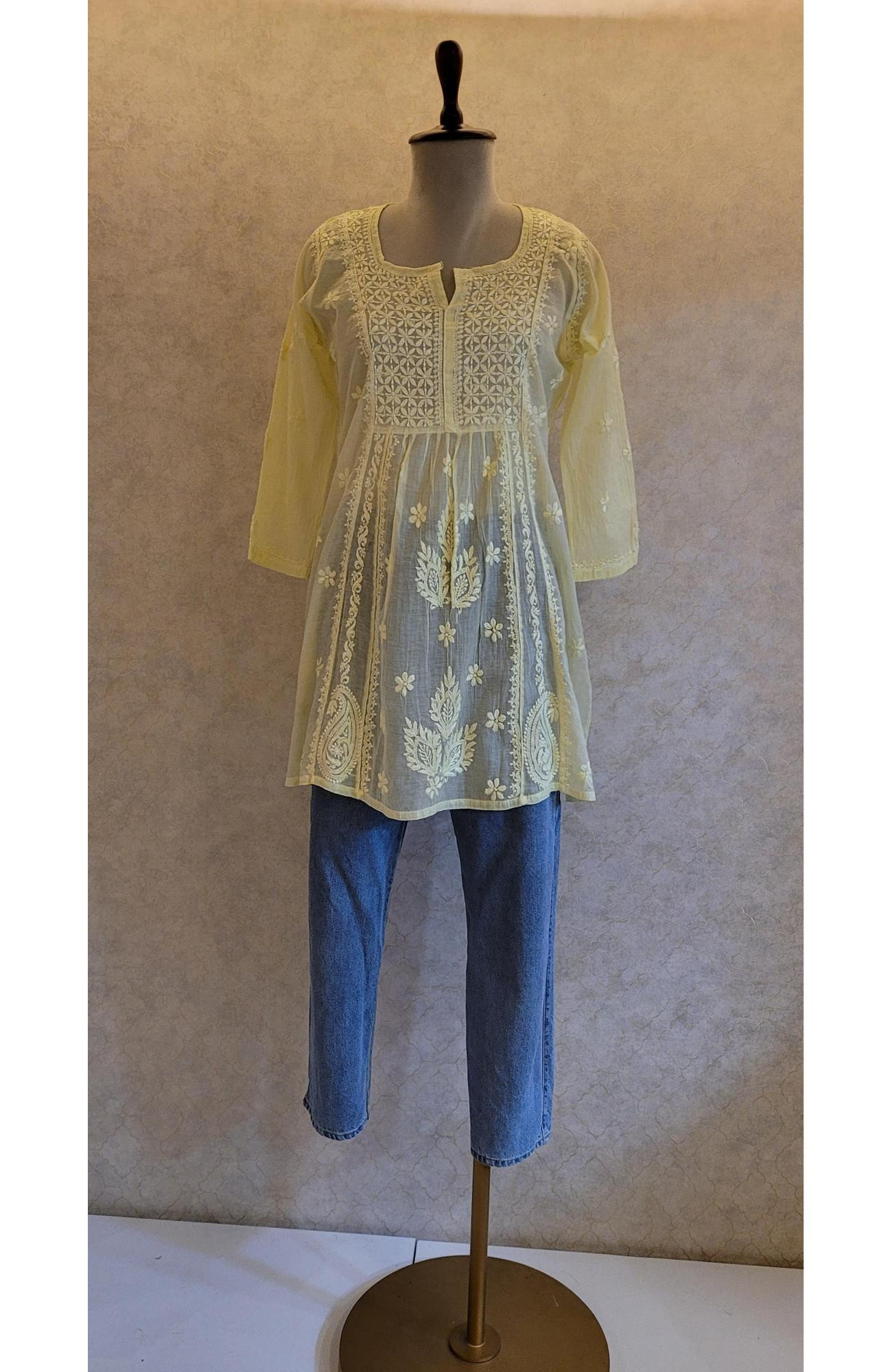 Lemon Yellow Mul Chanderi Chikankari Short Top