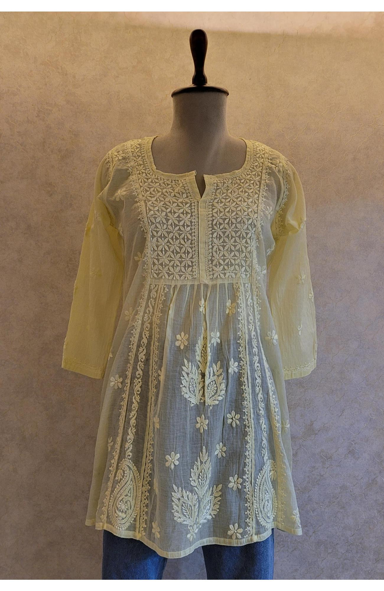 Lemon Yellow Mul Chanderi Chikankari Short Top