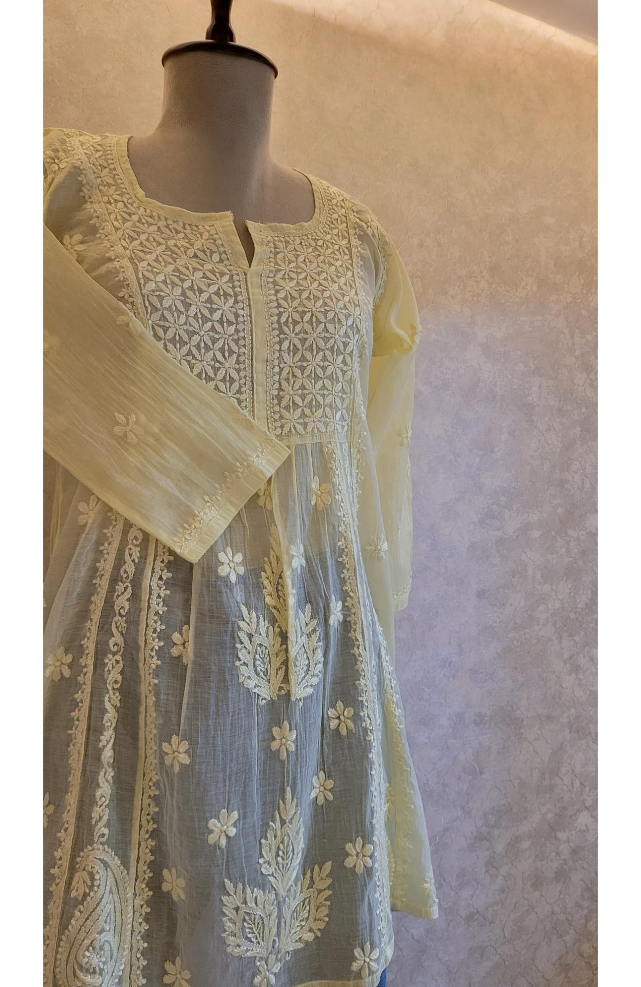 Lemon Yellow Mul Chanderi Chikankari Short Top
