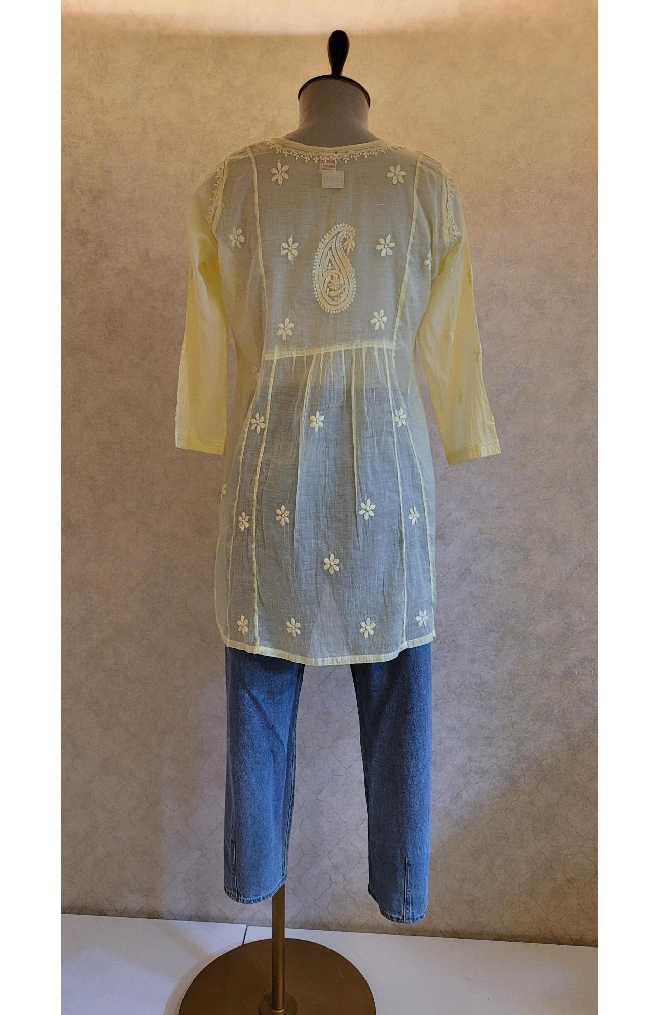 Lemon Yellow Mul Chanderi Chikankari Short Top