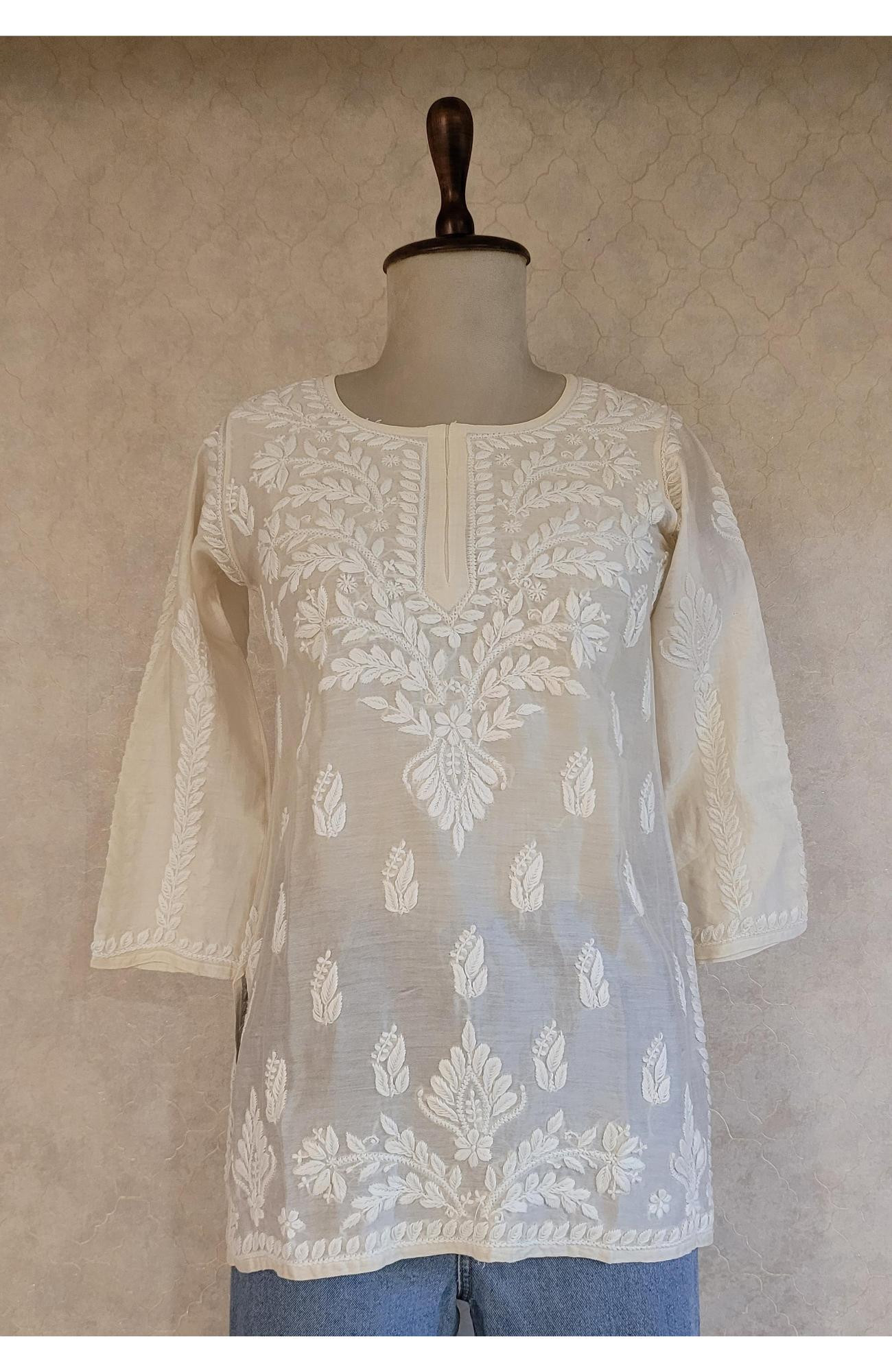 Off White Chanderi Chikankari Short Top