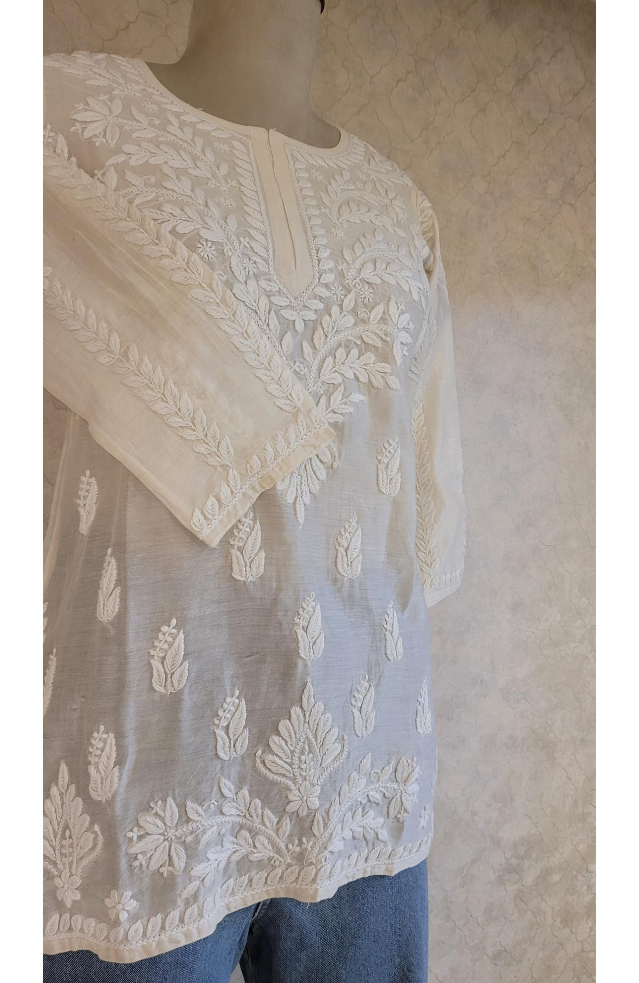 Off White Chanderi Chikankari Short Top