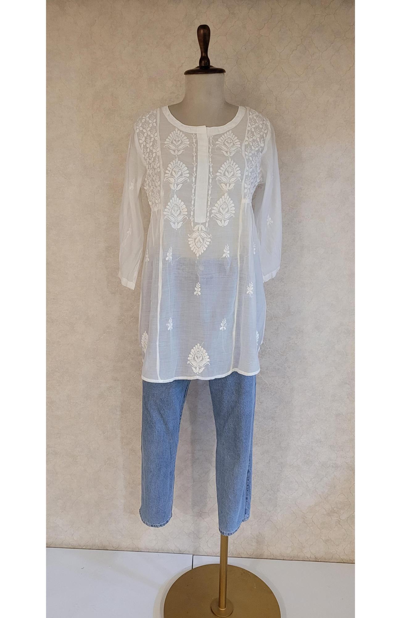 White Muslin Chikankari Short Top