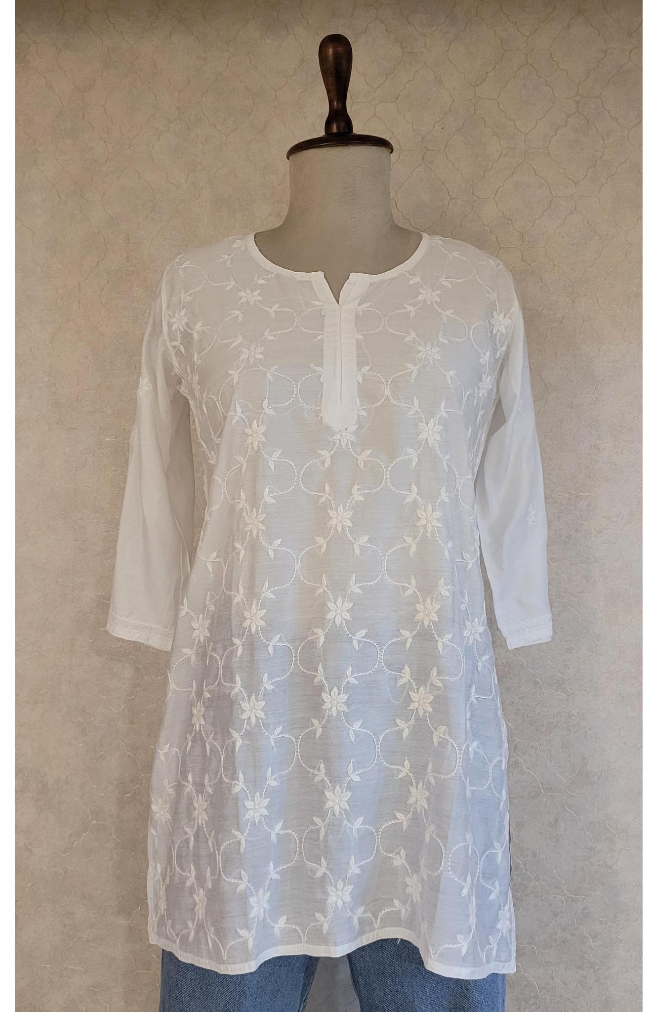 White Chanderi Chikankari Short Top