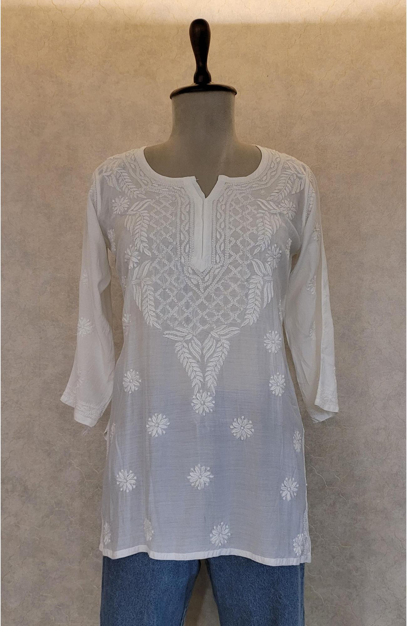 White Muslin Chikankari Short Top