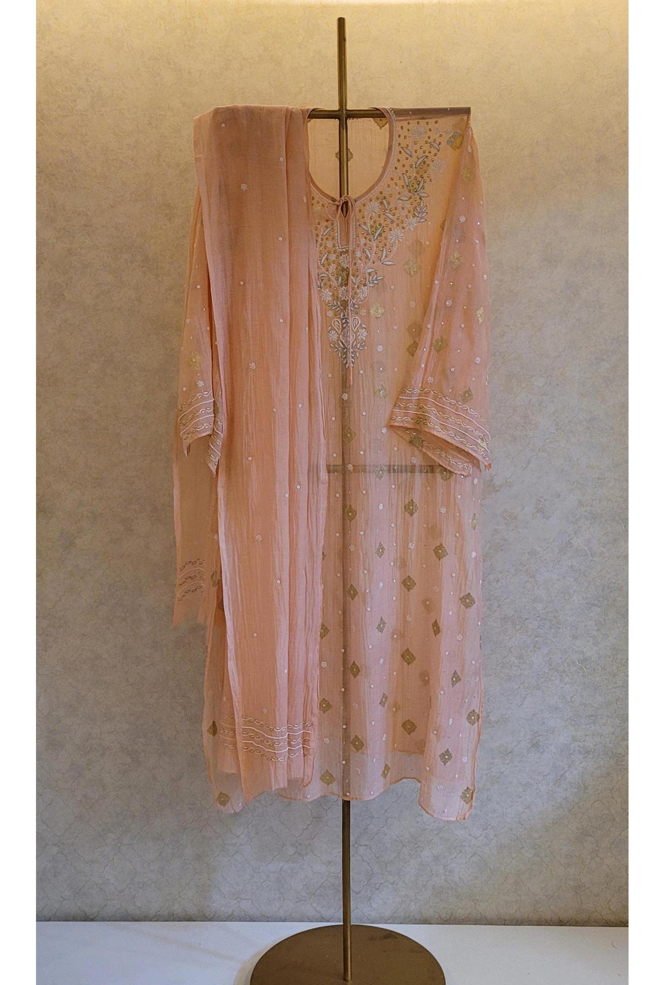 Peach Colour Mul Chanderi Kurta Dupatta Set