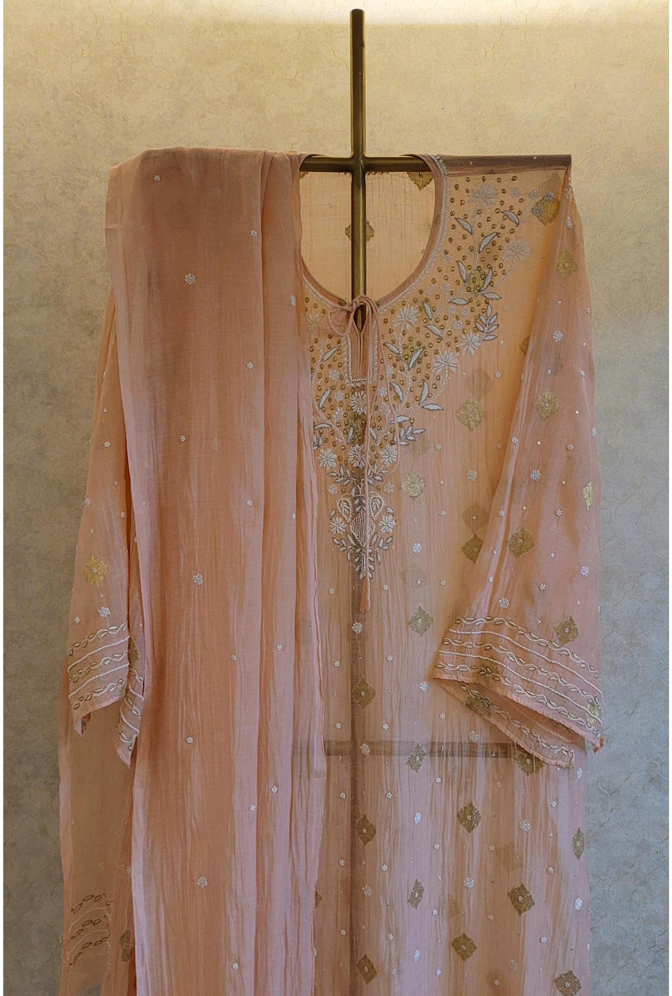 Peach Colour Mul Chanderi Kurta Dupatta Set