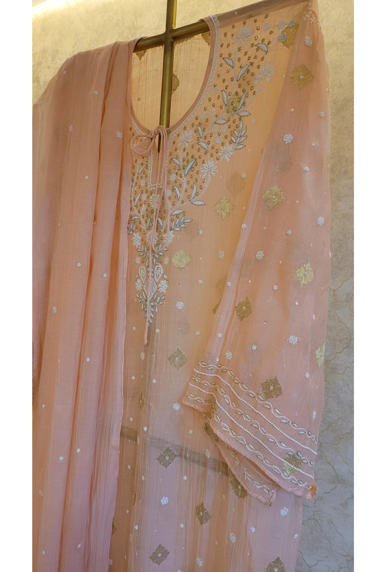 Peach Colour Mul Chanderi Kurta Dupatta Set