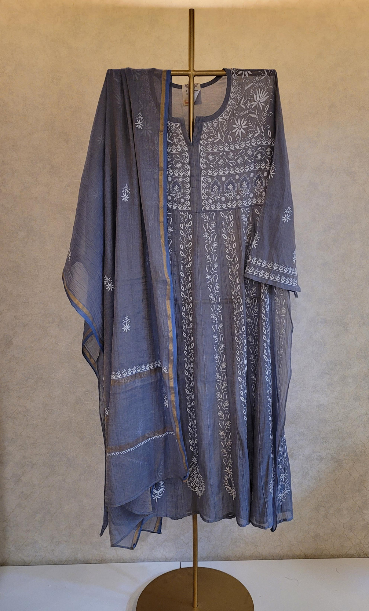 Dark Grey Chanderi Tissue Kurta Set