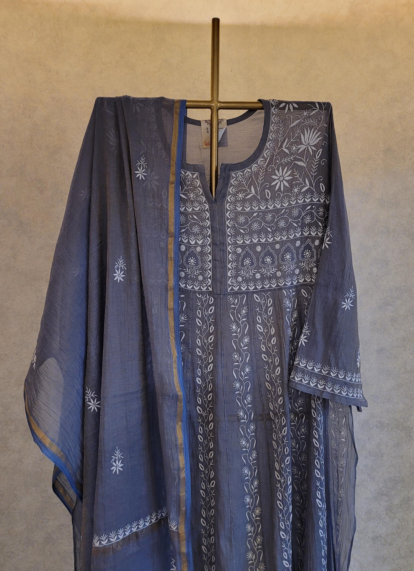Dark Grey Chanderi Tissue Kurta Set