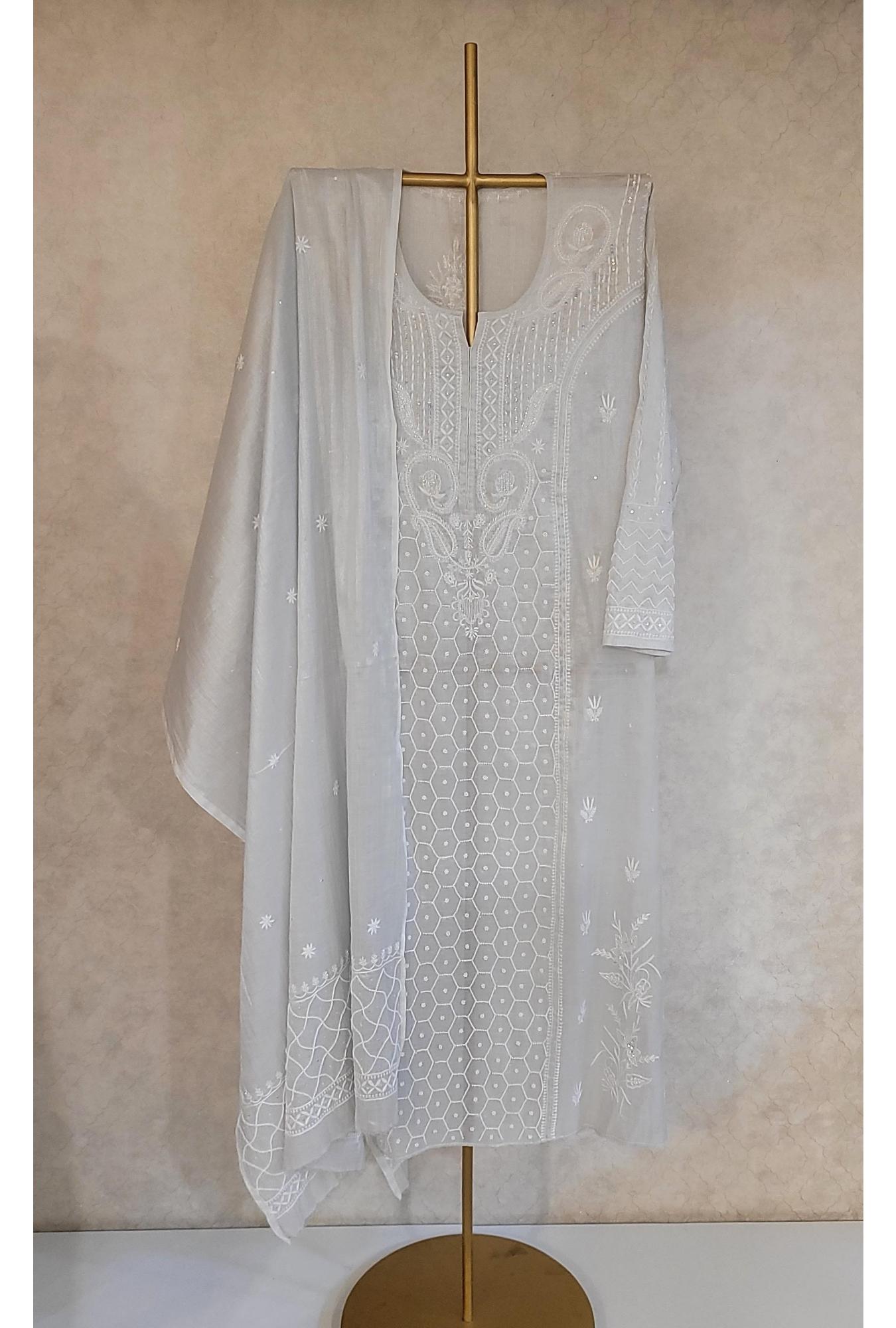 Silver Grey Colour Tissue Chanderi Kurta Dupatta Set