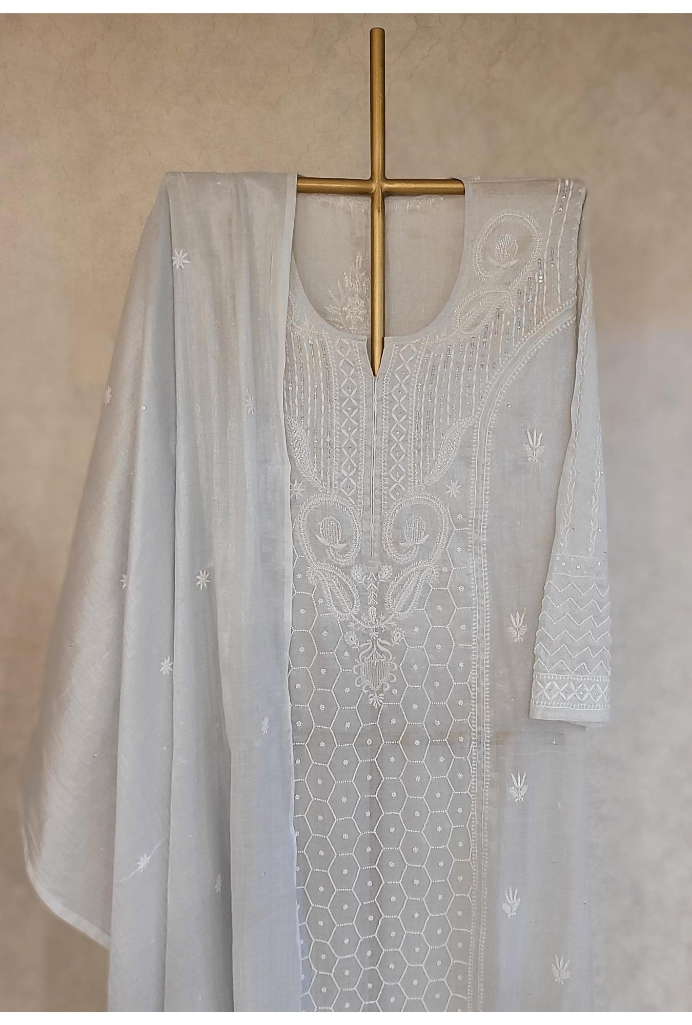 Silver Grey Colour Tissue Chanderi Kurta Dupatta Set