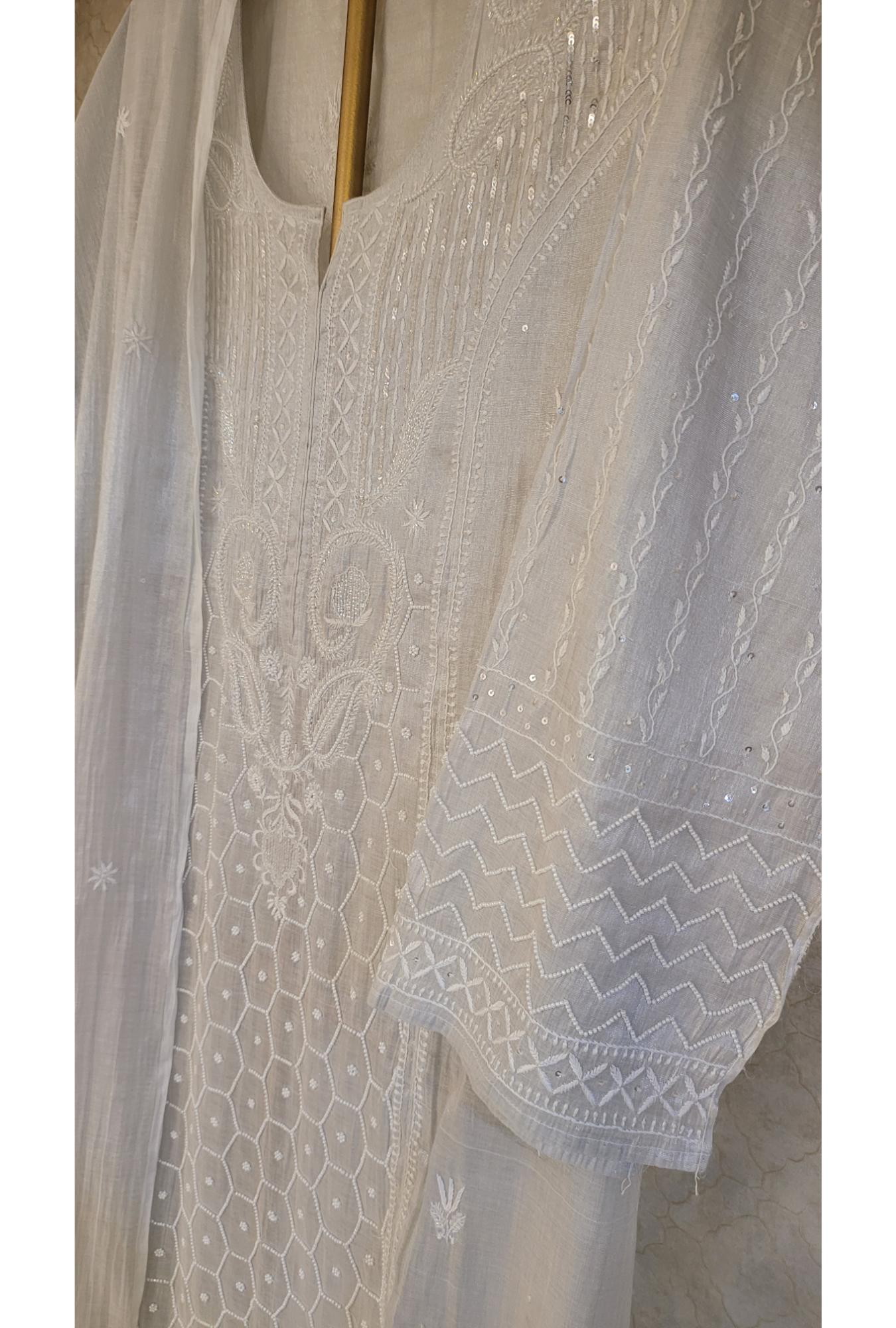 Silver Grey Colour Tissue Chanderi Kurta Dupatta Set